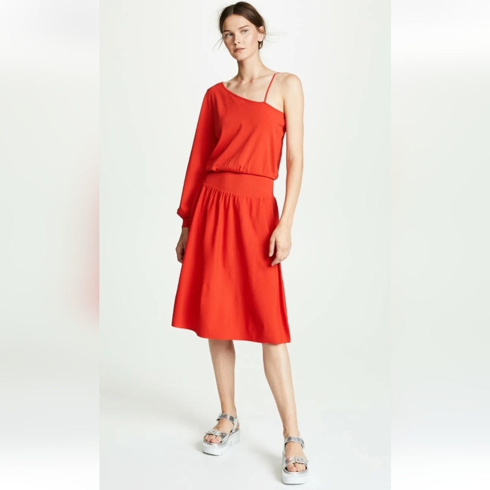 A.L.C. Shara One Shoulder Blouson Sleeve Knit‎ Midi Dress in Poppy Red